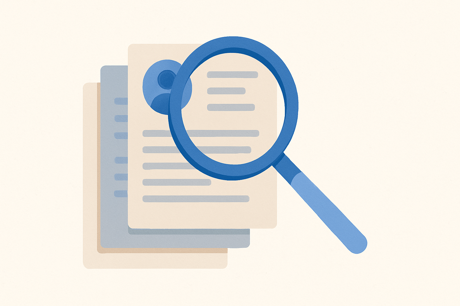 A magnifying glass hovering over a stack of resumes, symbolizing recruiter review