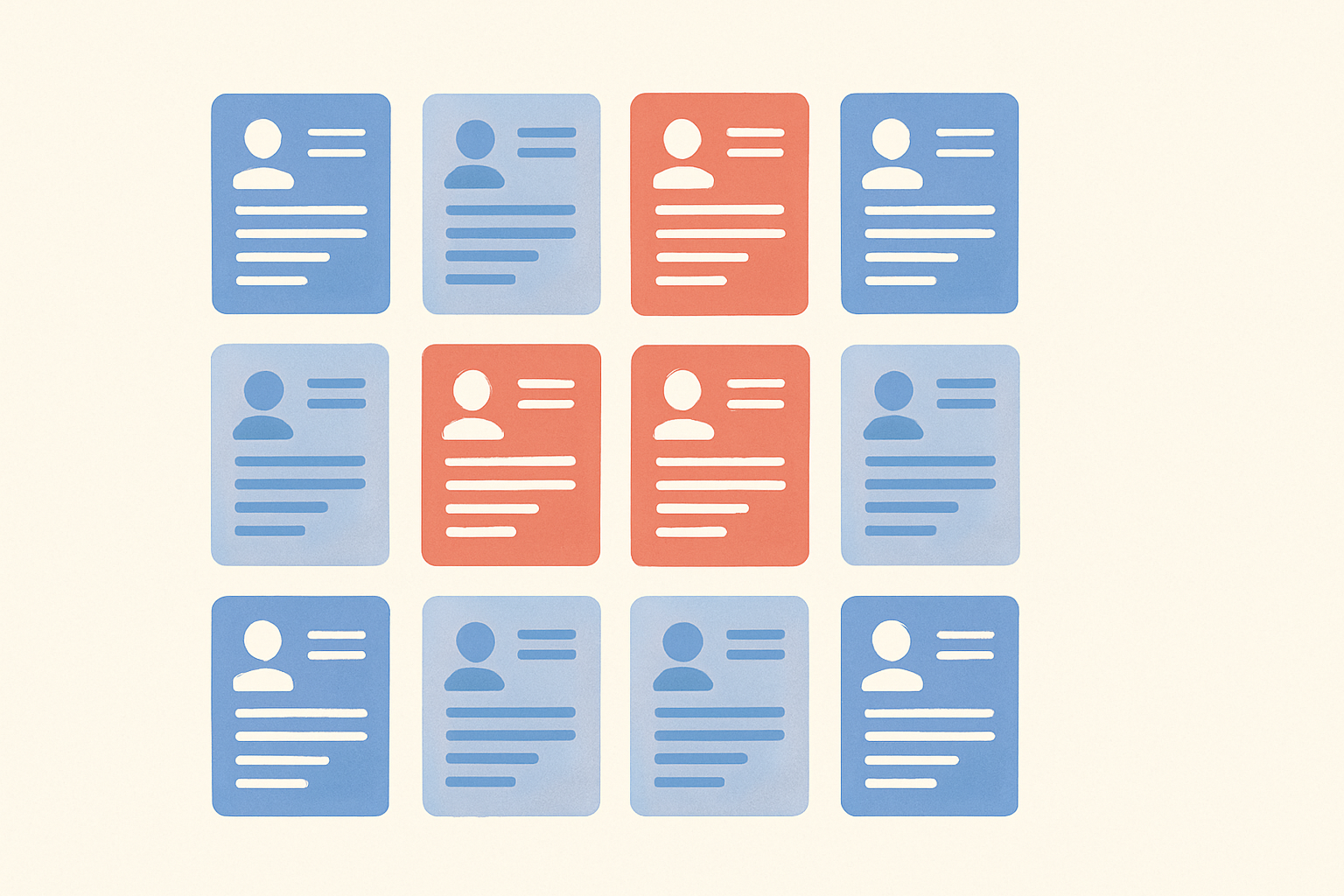 A group of resume pages with some marked in red, symbolizing job applications being auto rejected