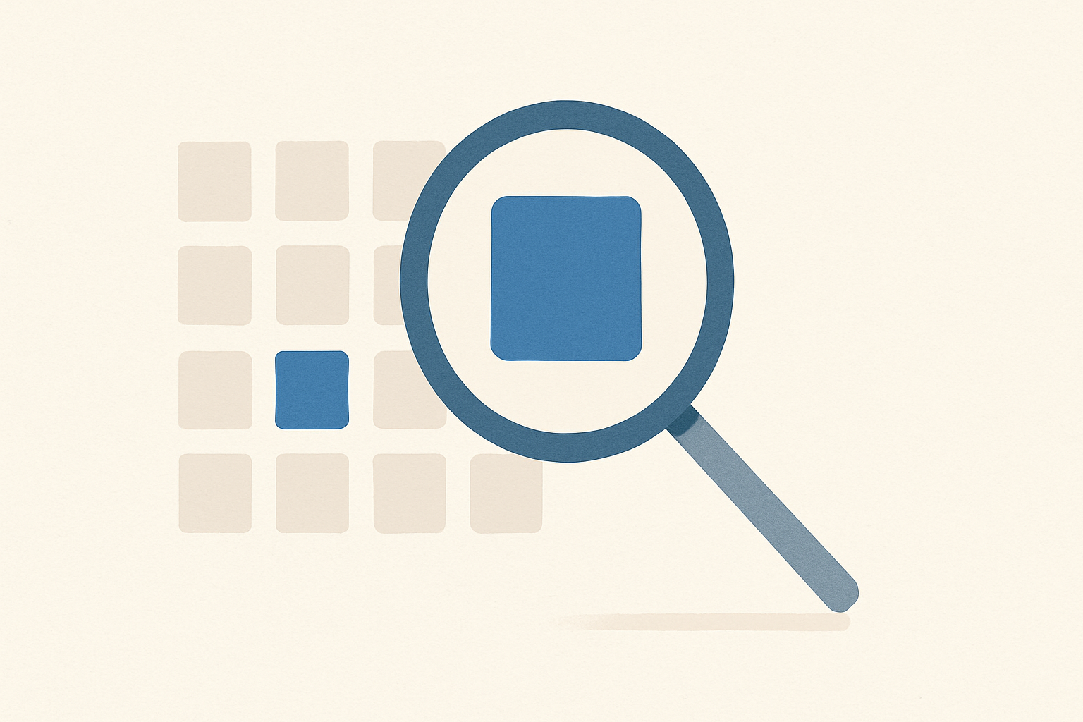A magnifying glass highlighting a single square on a grid, symbolizing a standout LinkedIn headline
