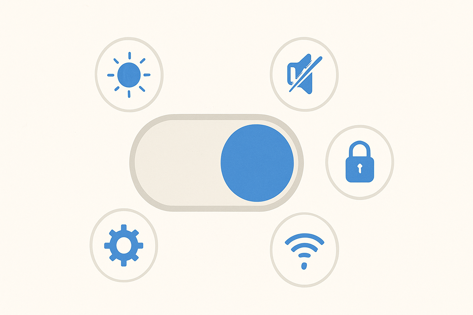 Five settings icons arranged around a large toggle switch, symbolizing LinkedIn settings to change for job seekers