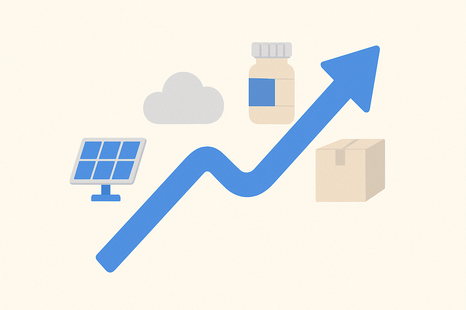 An upward arrow passing through icons for solar, tech cloud, pill bottle, and shipping box, representing growing industries.