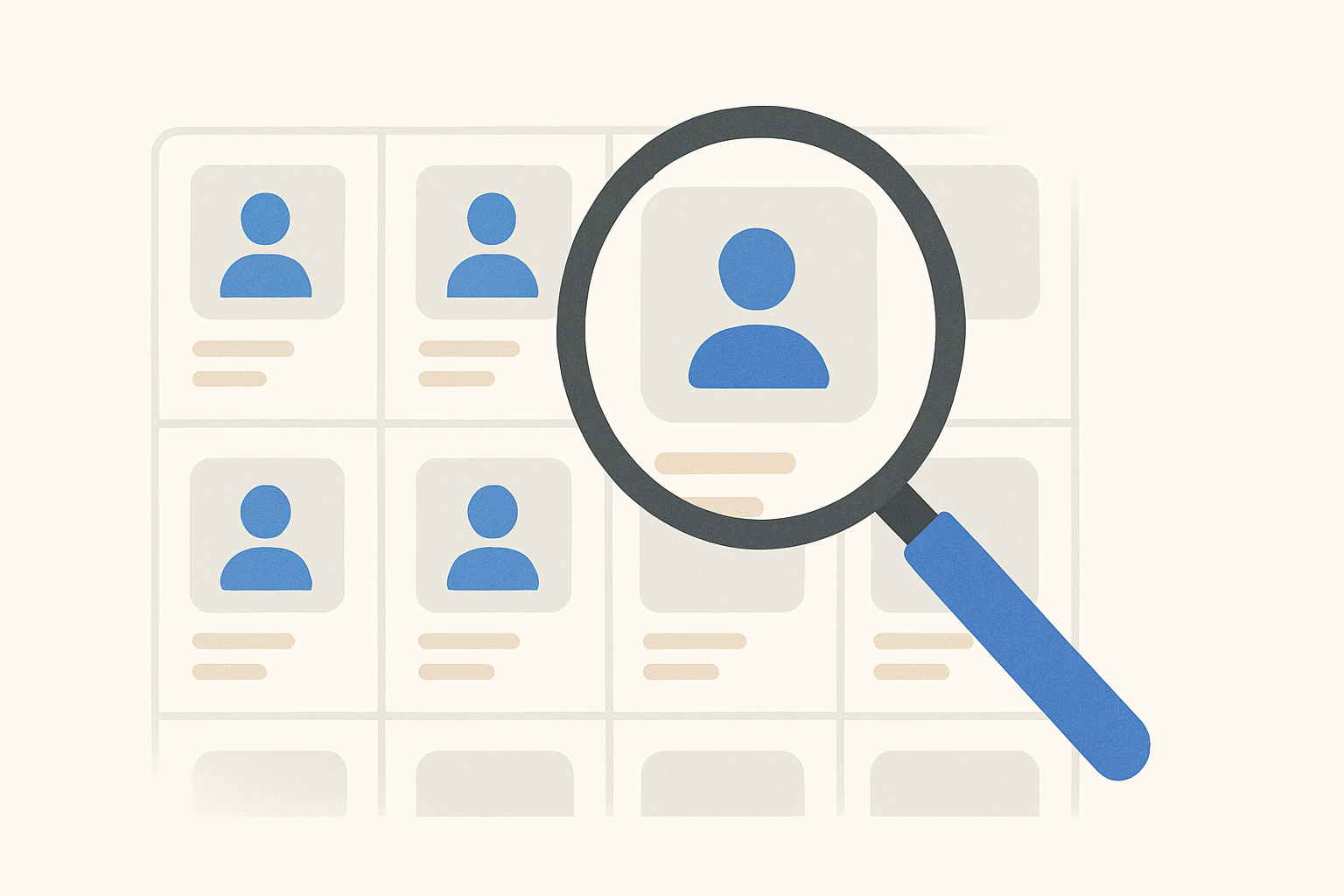 A magnifying glass highlighting a LinkedIn profile among a grid of generic profiles