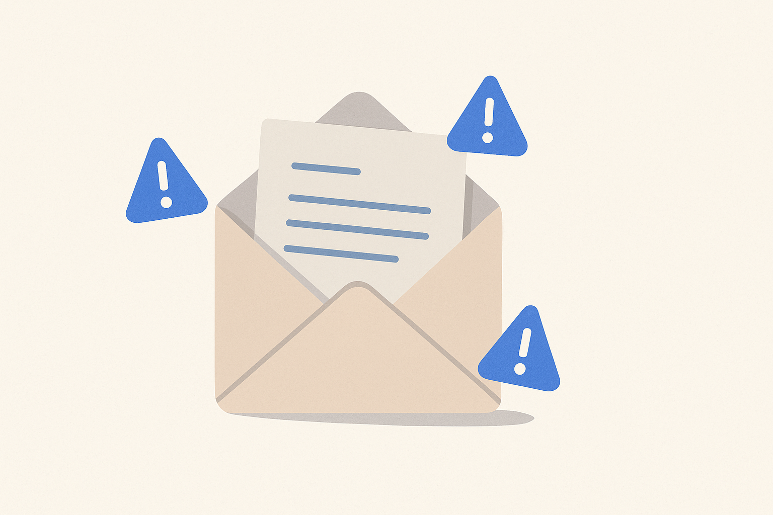 A letter emerging from an envelope with caution symbols, representing common cover letter mistakes to avoid.