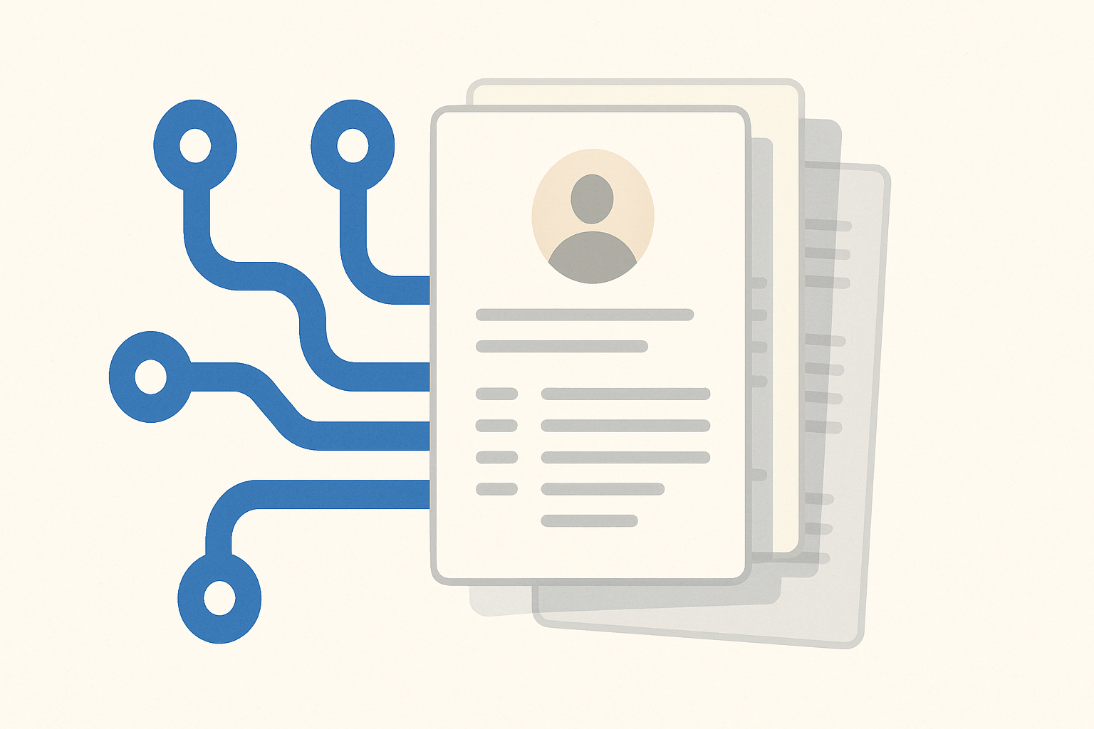 A symbolic image of digital circuits layered over a pile of resumes, representing AI hiring tools.