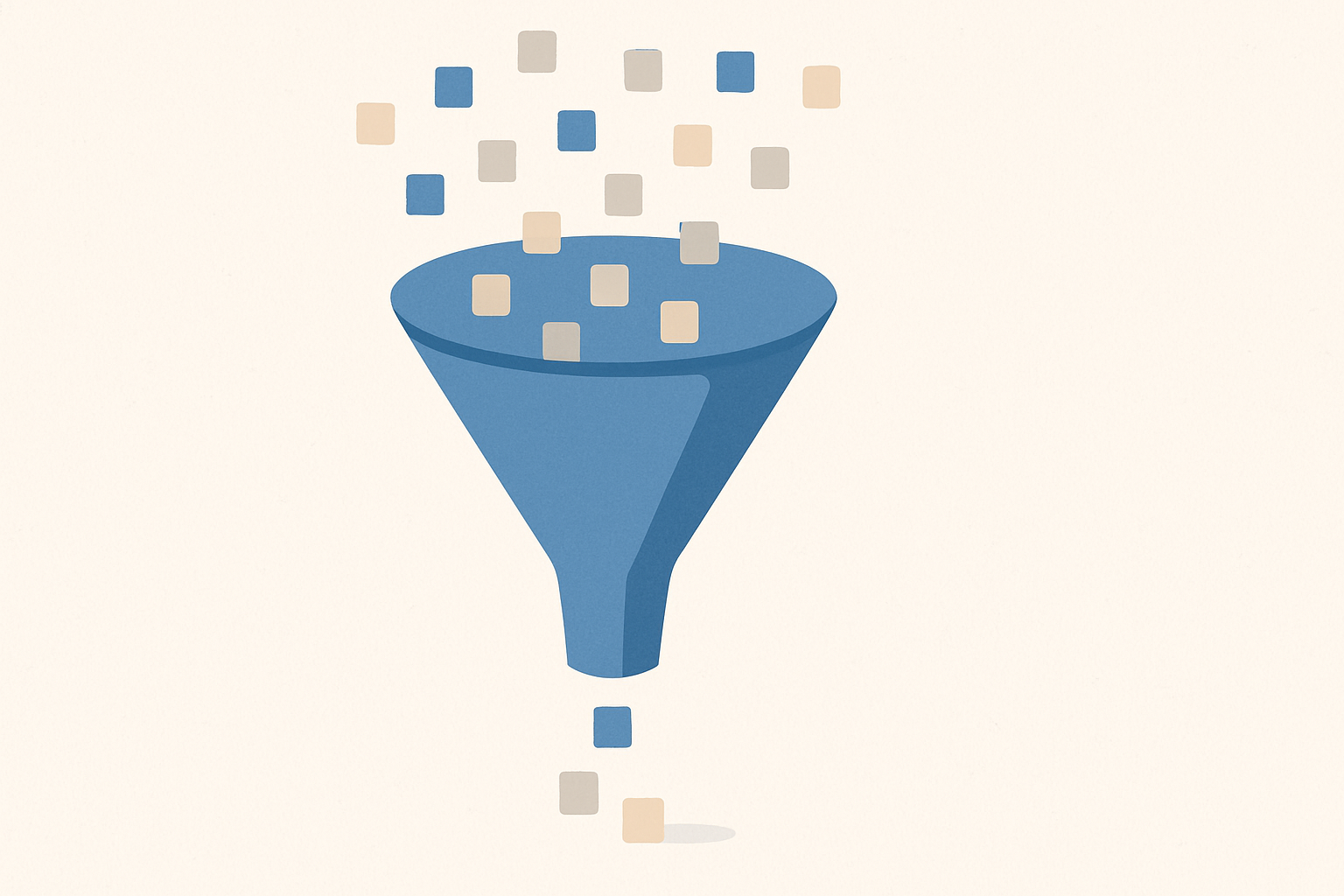 A stylized funnel with small squares entering and a few exiting, symbolizing job applications being filtered through an automated process.
