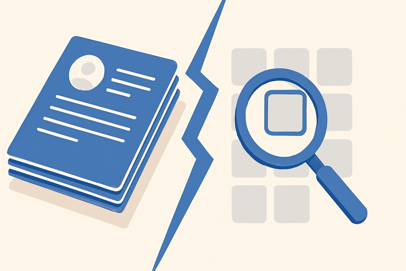 A visual comparison showing a pile of resumes on one side and a magnifying glass over a grid on the other, representing Appycan and LinkedIn Premium Career.