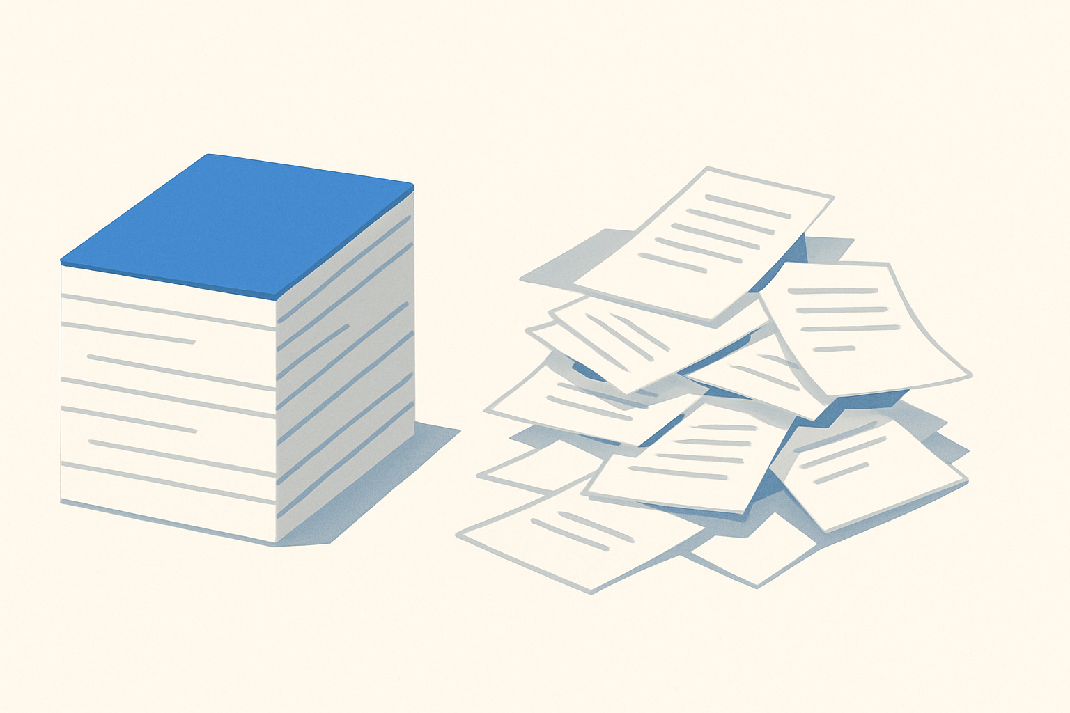 Two stacks of paper representing a comparison between job application tools, one neat and one messy