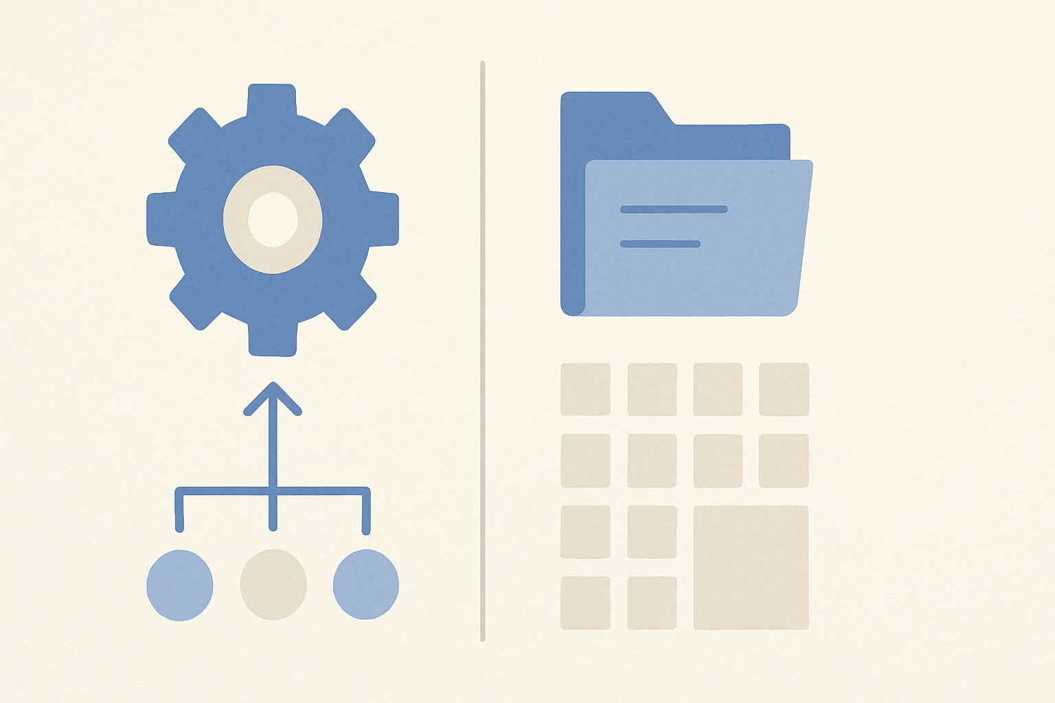 Two columns side by side, one with automation symbols and the other with organization symbols, divided by a line