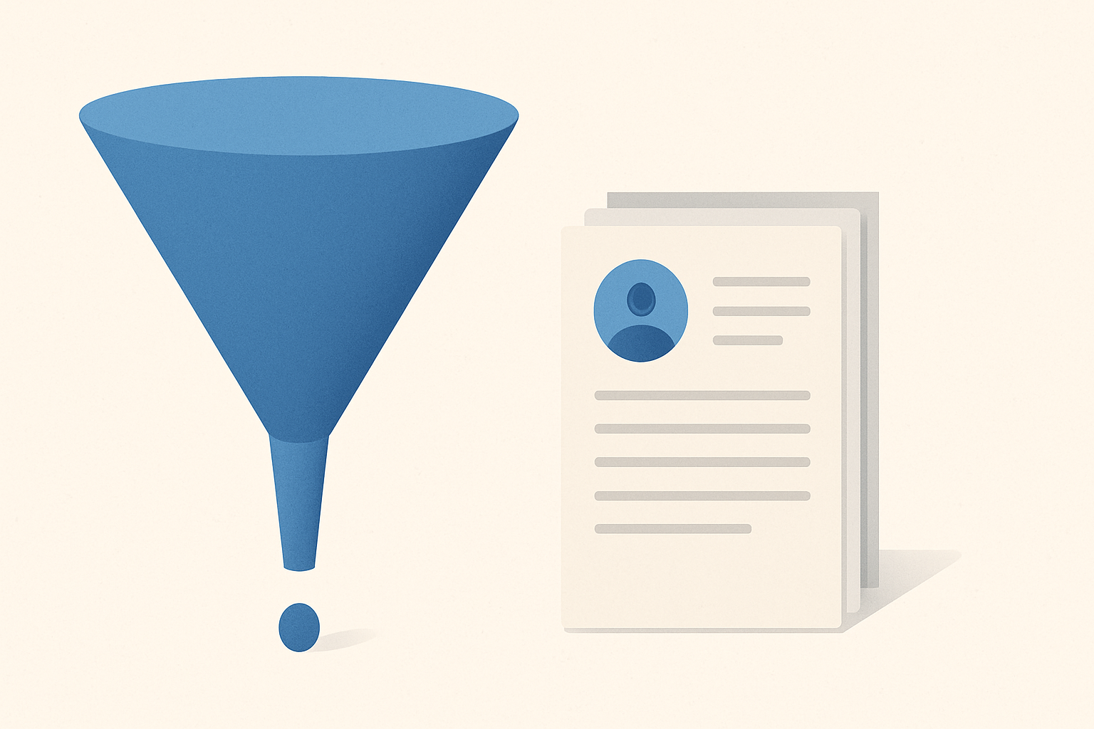 A stylized funnel narrowing into a single point next to a stack of resume pages