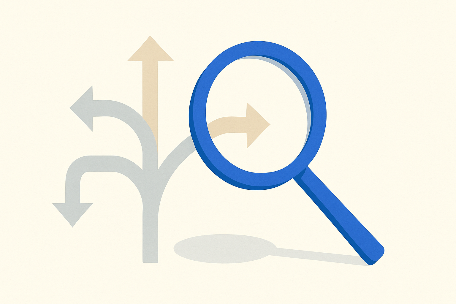 A magnifying glass focused on a branching path, symbolizing career change strategies and decisions