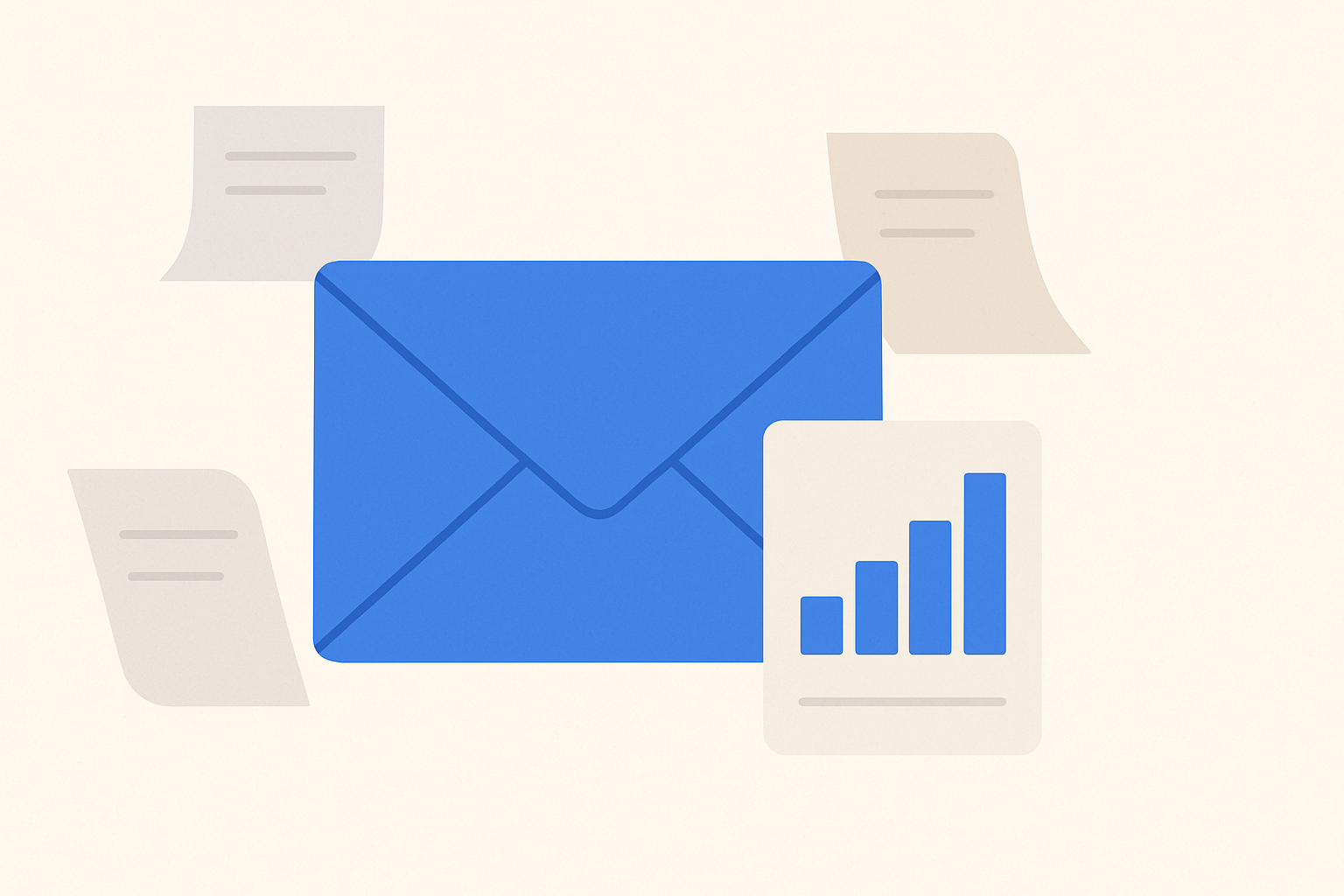 A stylized envelope, sheets of paper, and a bar chart symbolizing data about cover letters in hiring