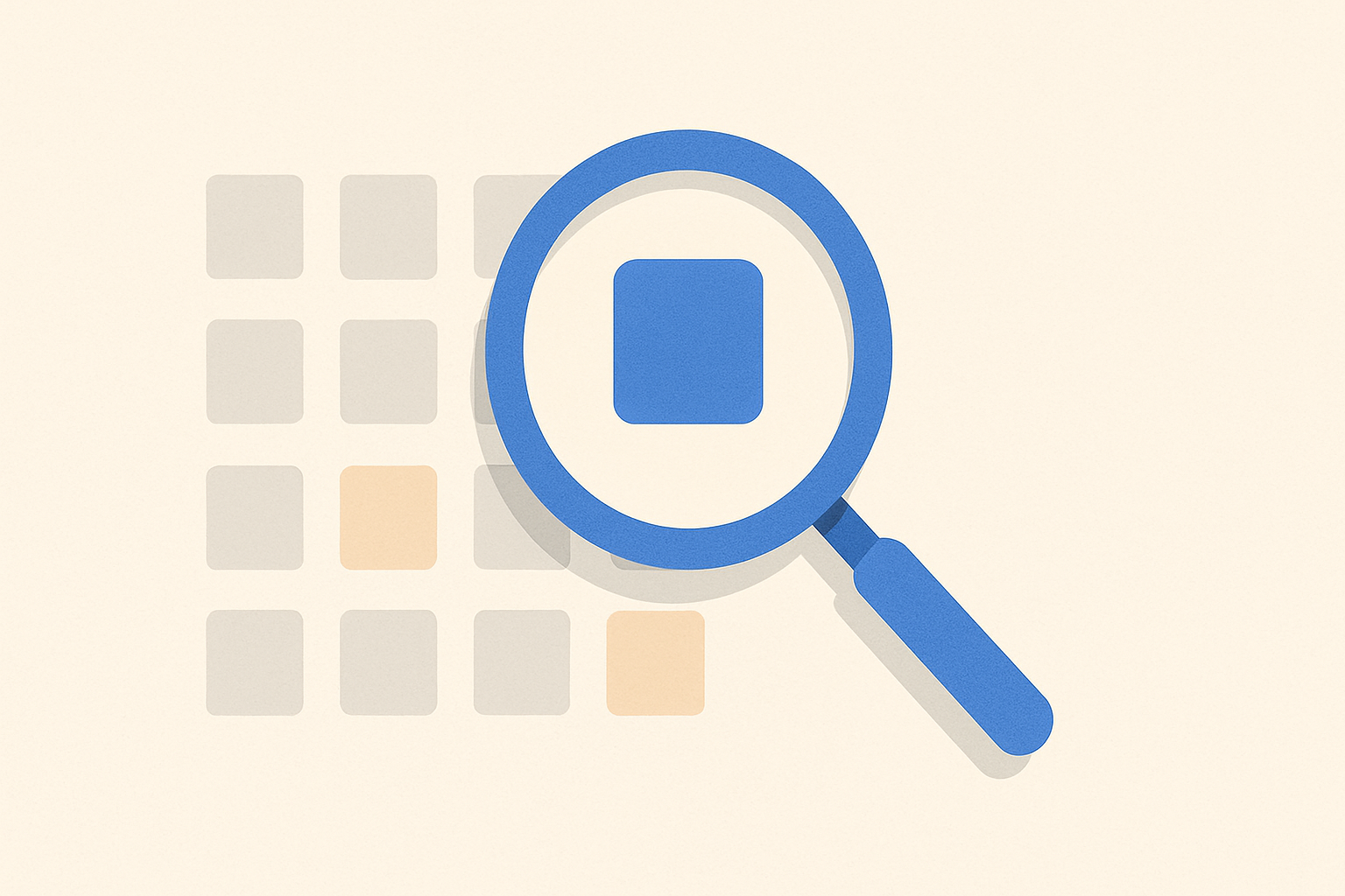 A magnifying glass highlighting an area on a grid of small squares, symbolizing searching the entry level job market.