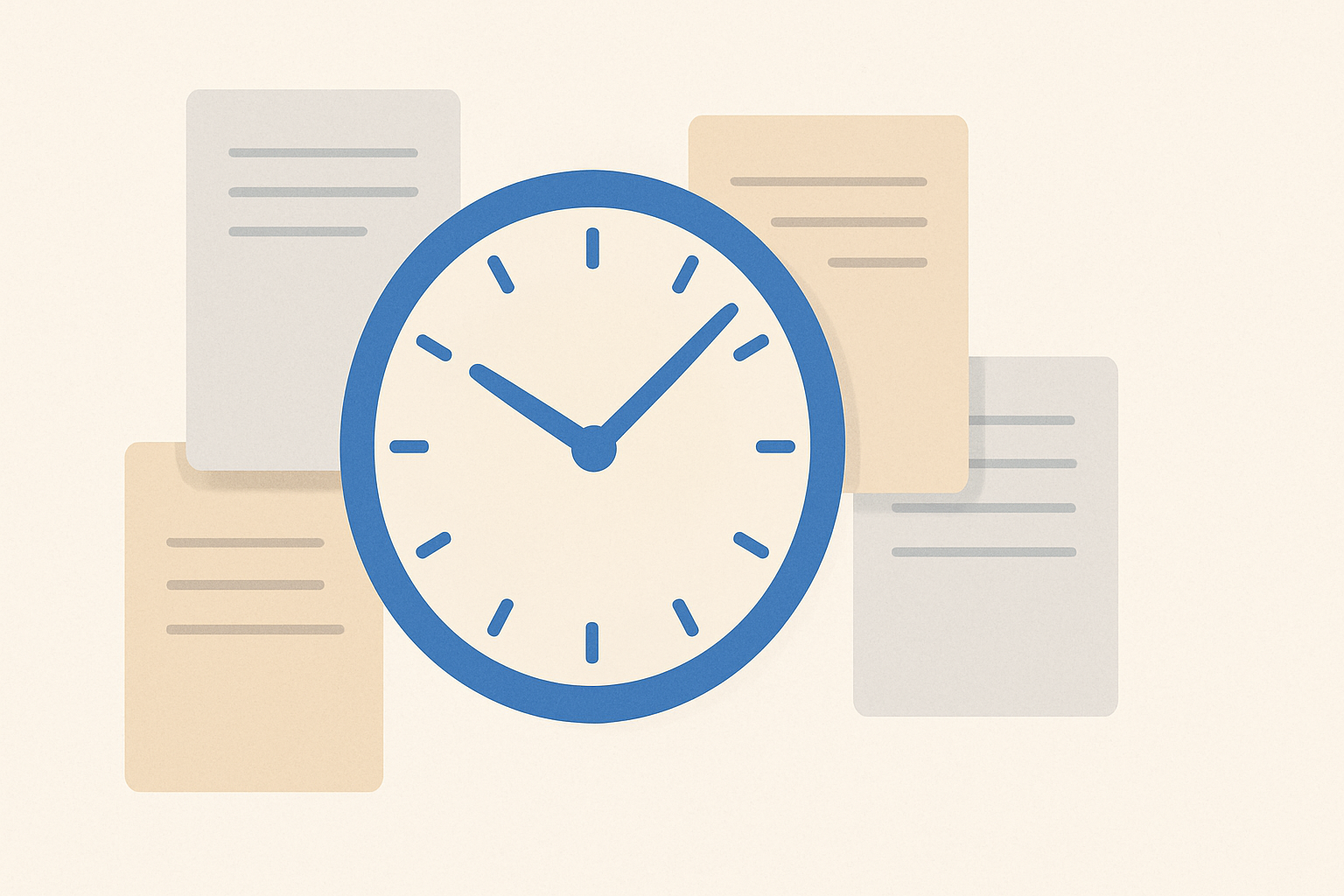 A clock face surrounded by scattered job application documents, symbolizing the speed at which jobs get filled after posting.
