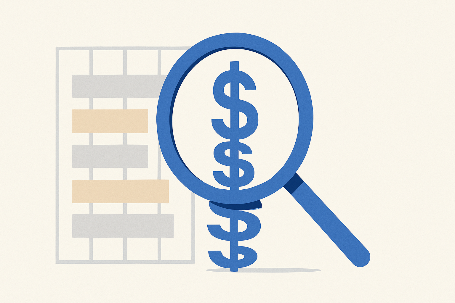 A magnifying glass highlighting dollar signs and salary range bars, representing salary research and negotiation.