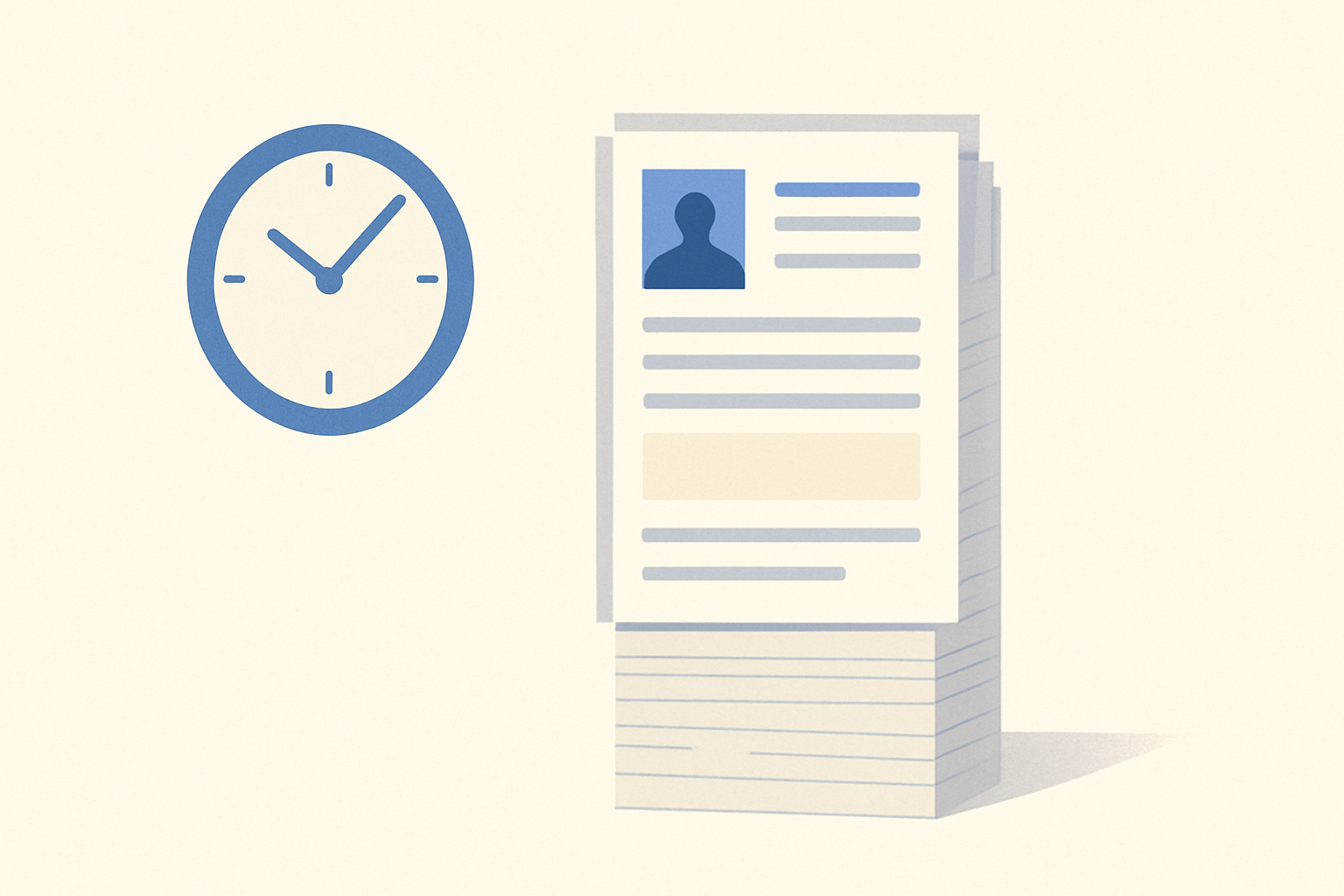 A stack of job application papers beside a clock approaching noon, symbolizing high-volume morning job search.