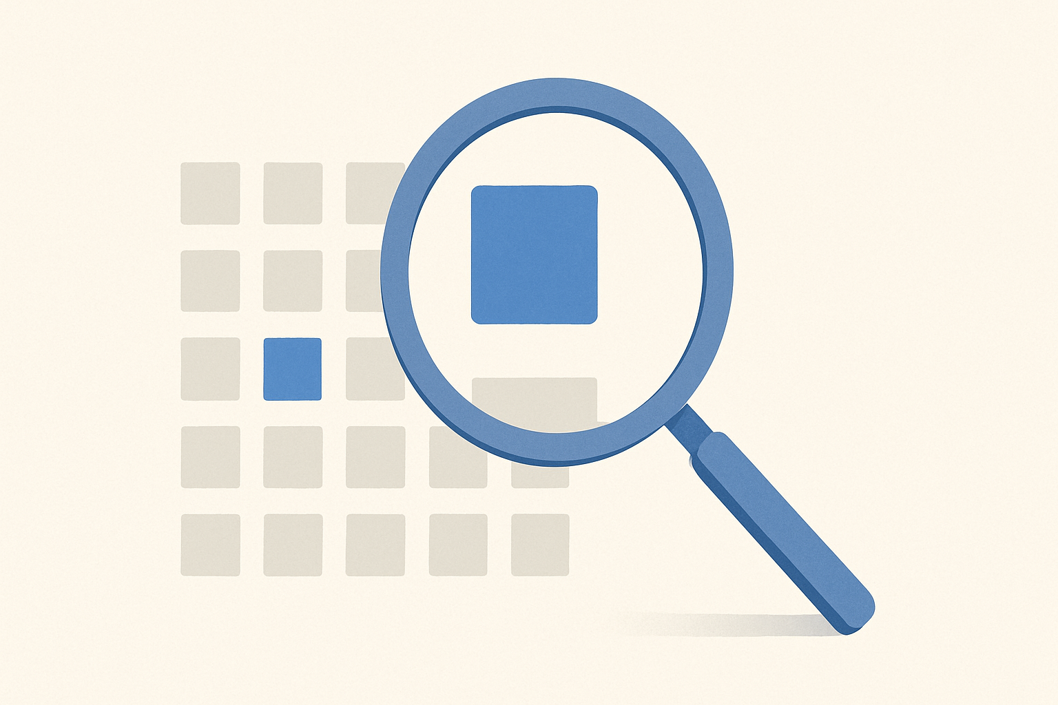 A stylized magnifying glass highlighting one square in a grid, representing a job search