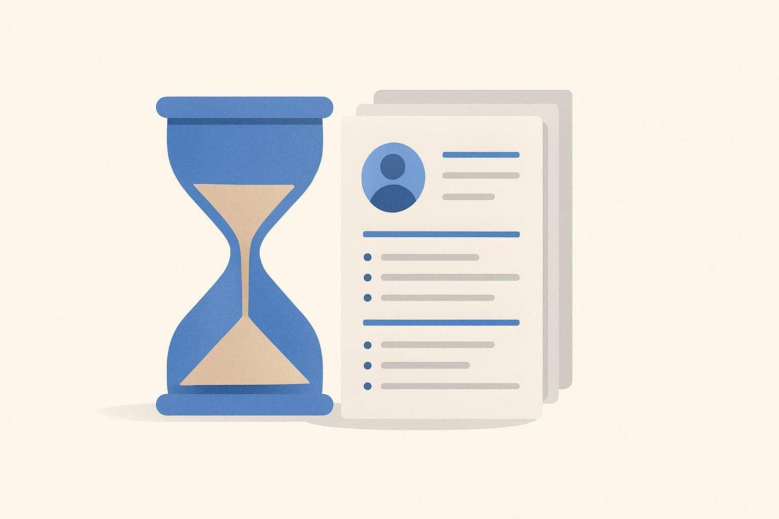 An abstract hourglass symbol beside a stack of resumes, representing urgency in job searching.