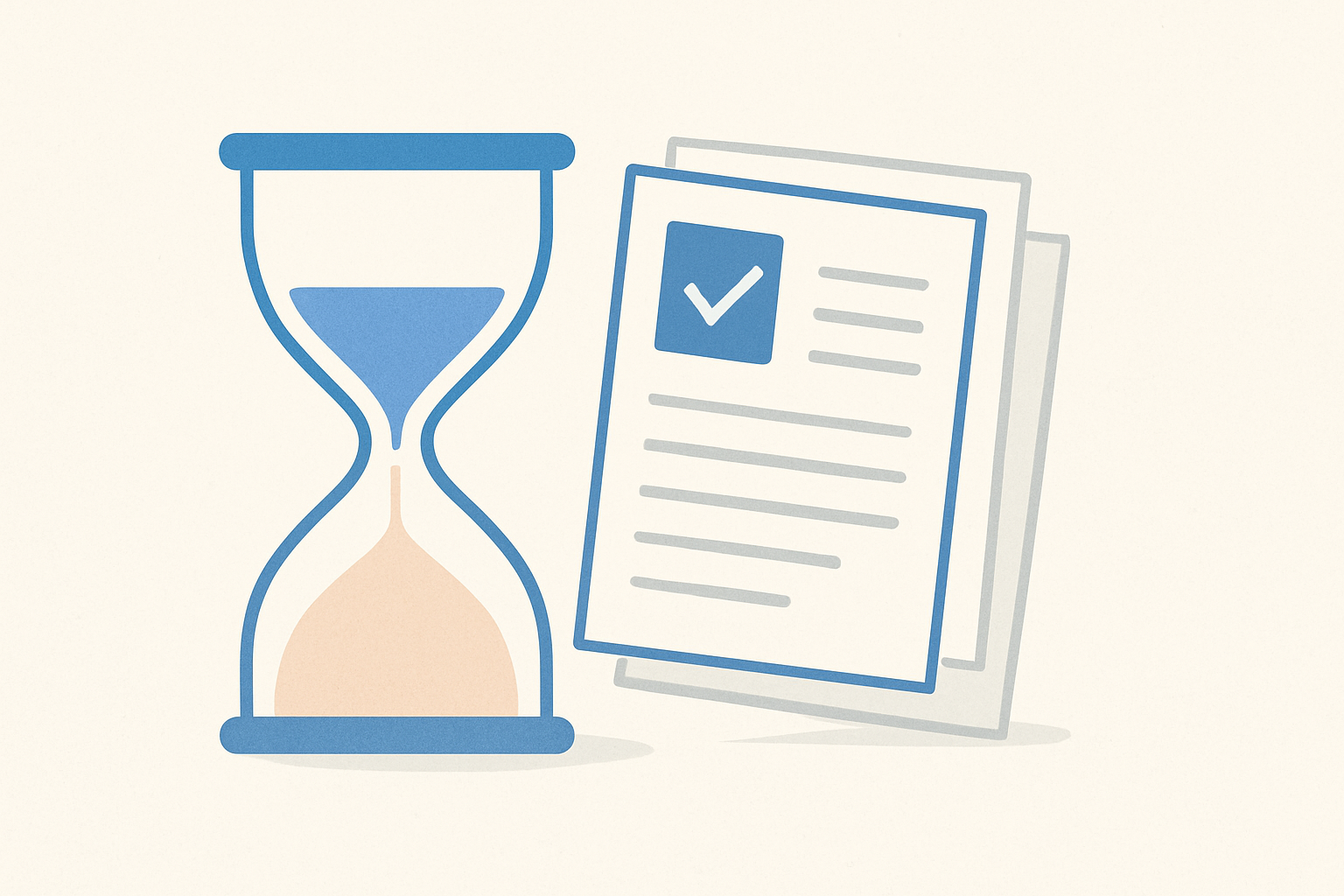 An abstract hourglass beside a tall stack of job application forms