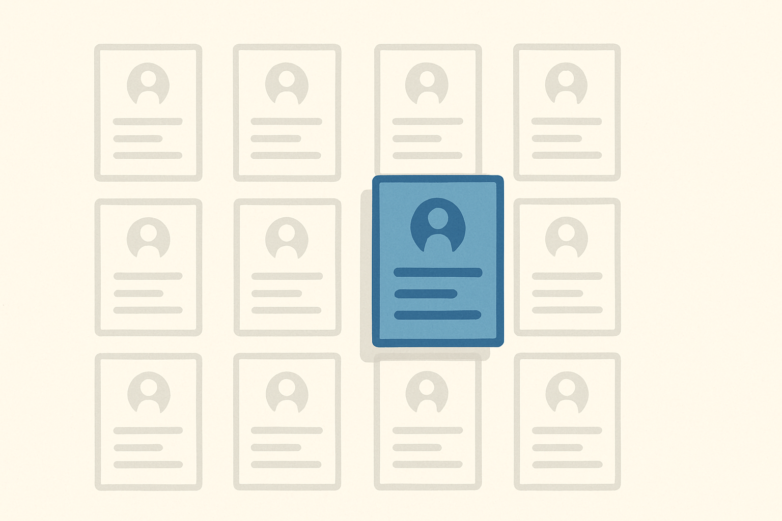 A group of resumes arranged in a grid, with one resume brightly highlighted to symbolize standing out from job applications.