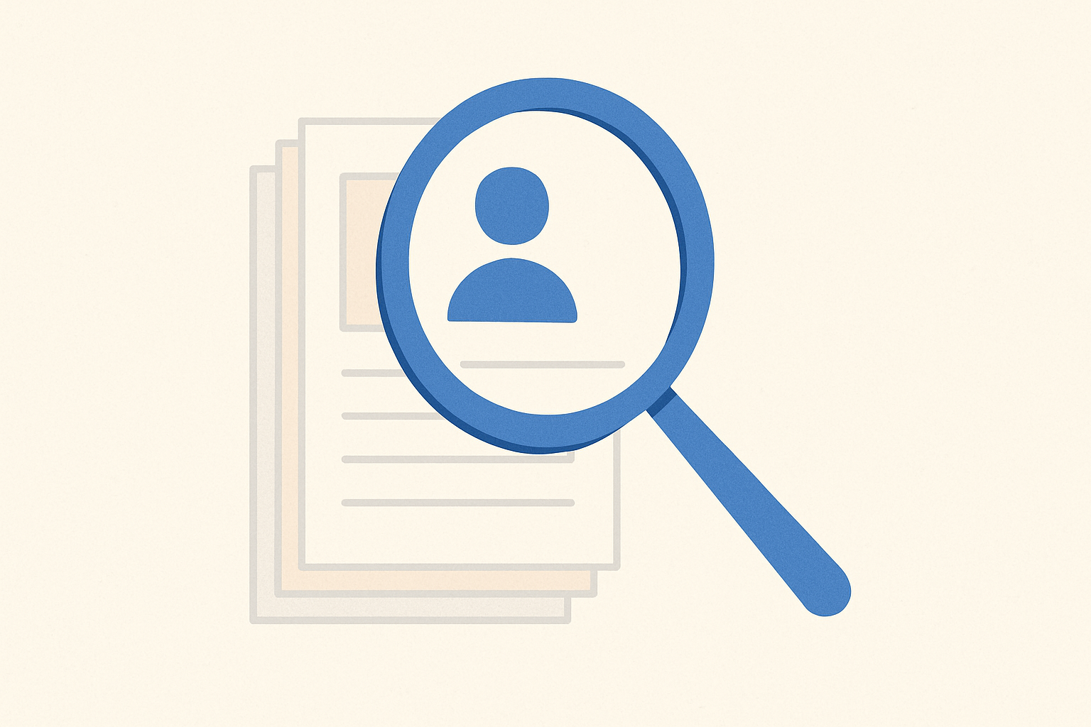 A magnifying glass focusing on a stack of resumes, symbolizing AI screening resumes for job applications