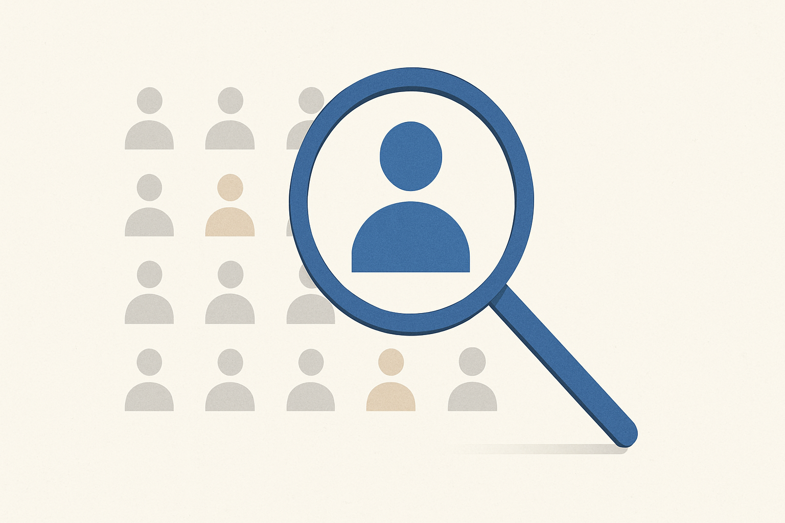 A magnifying glass highlighting a LinkedIn profile icon among many others in a grid