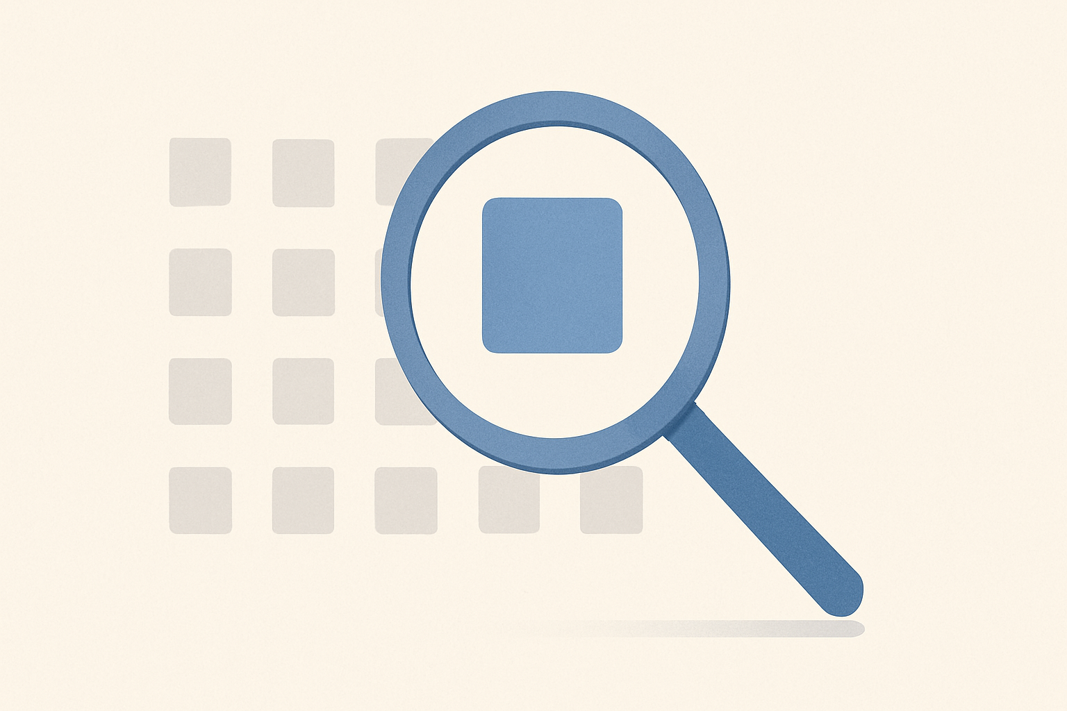A magnifying glass highlighting one square in a grid, symbolizing searching for a missing LinkedIn application