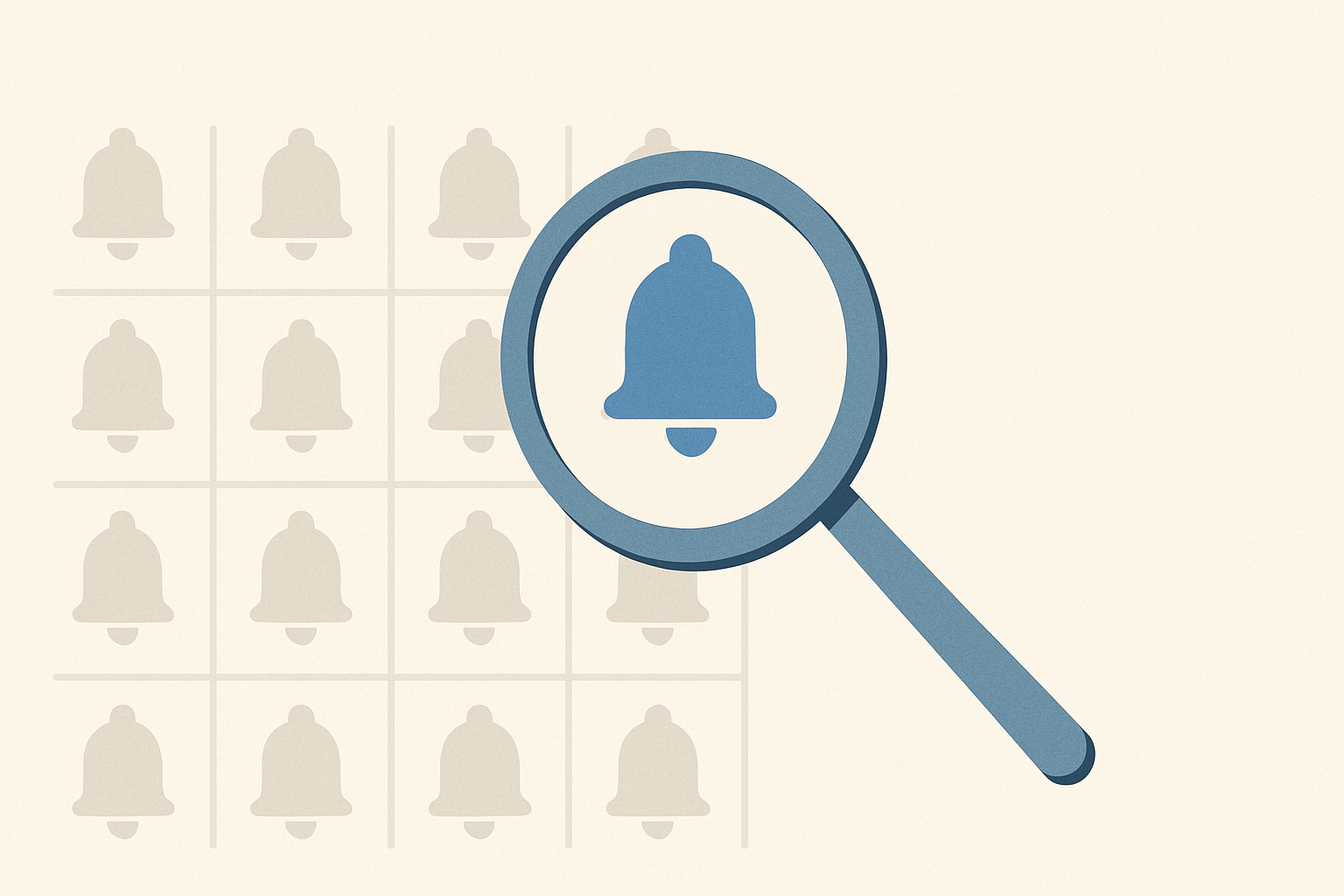 A stylized magnifying glass highlighting job alert icons in a grid pattern