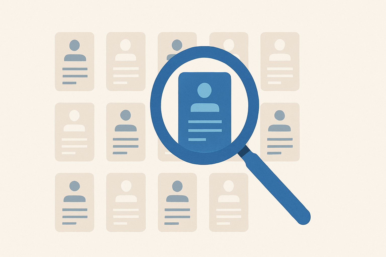 A magnifying glass highlighting one resume among many others in a grid.