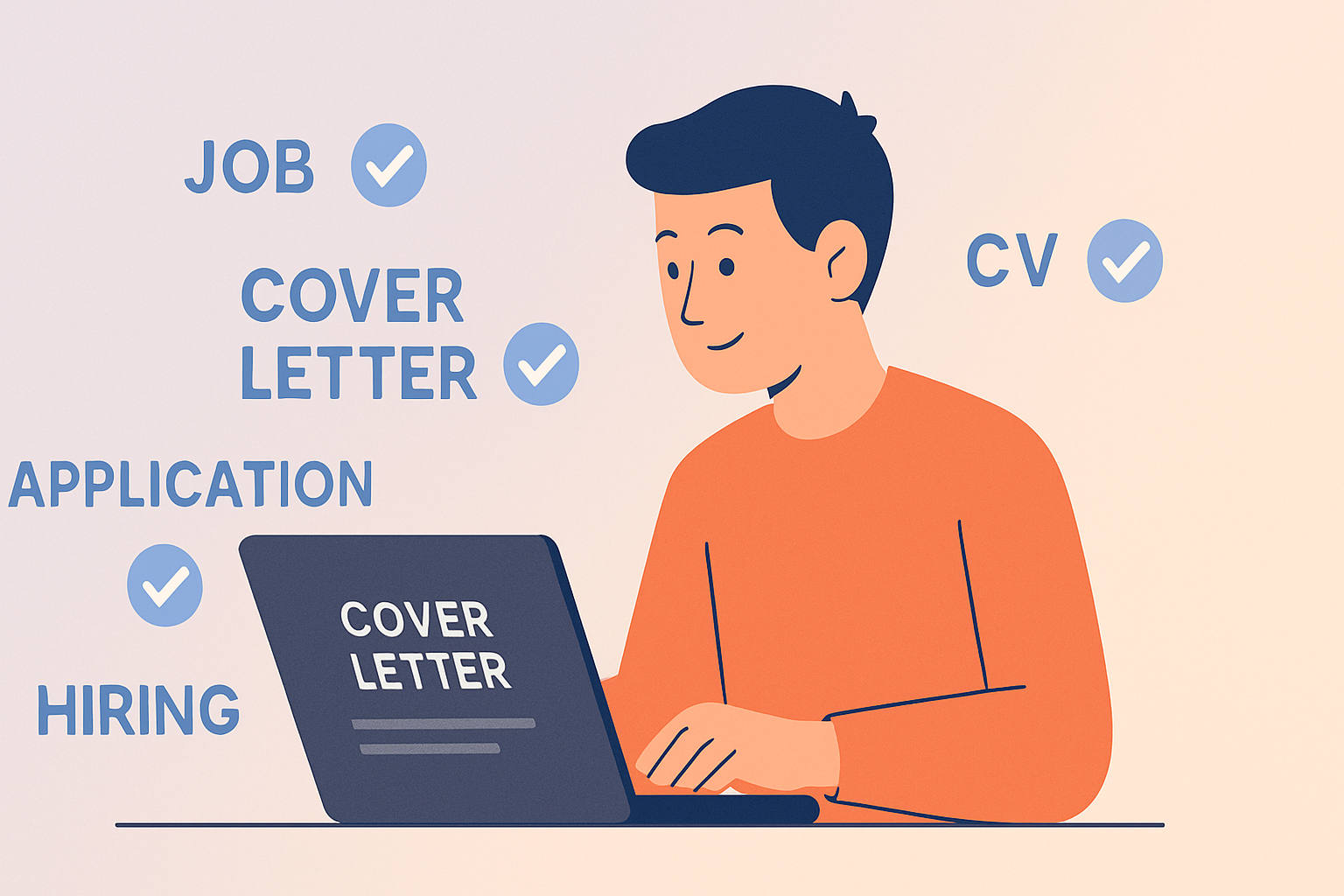 Illustration of a job seeker preparing an ATS-friendly cover letter on a laptop, with checkmarks and keywords visible.