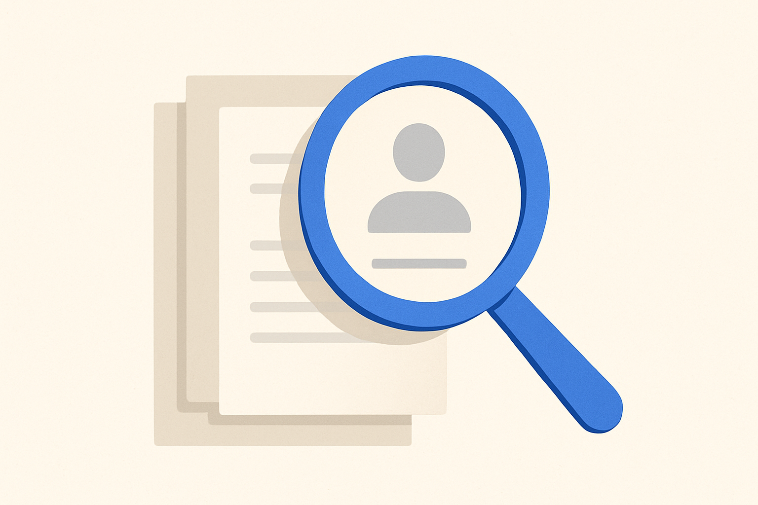 A magnifying glass highlighting a section of stacked, simple resume pages