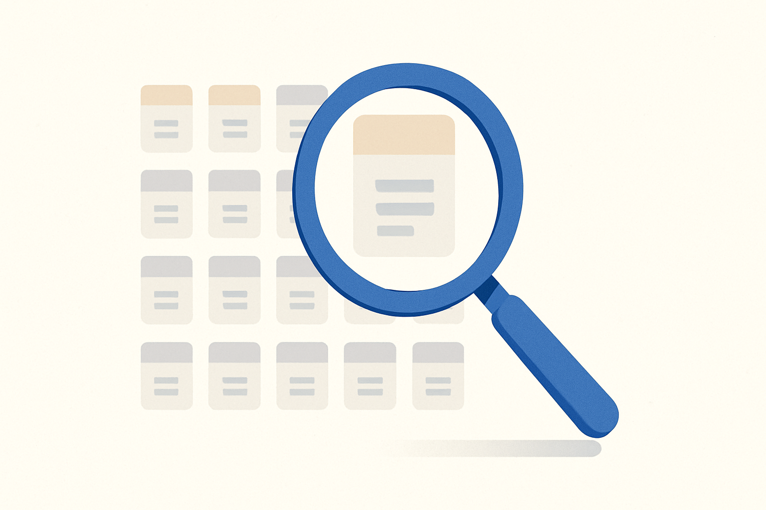 A magnifying glass highlighting one square in a grid of abstract job applications