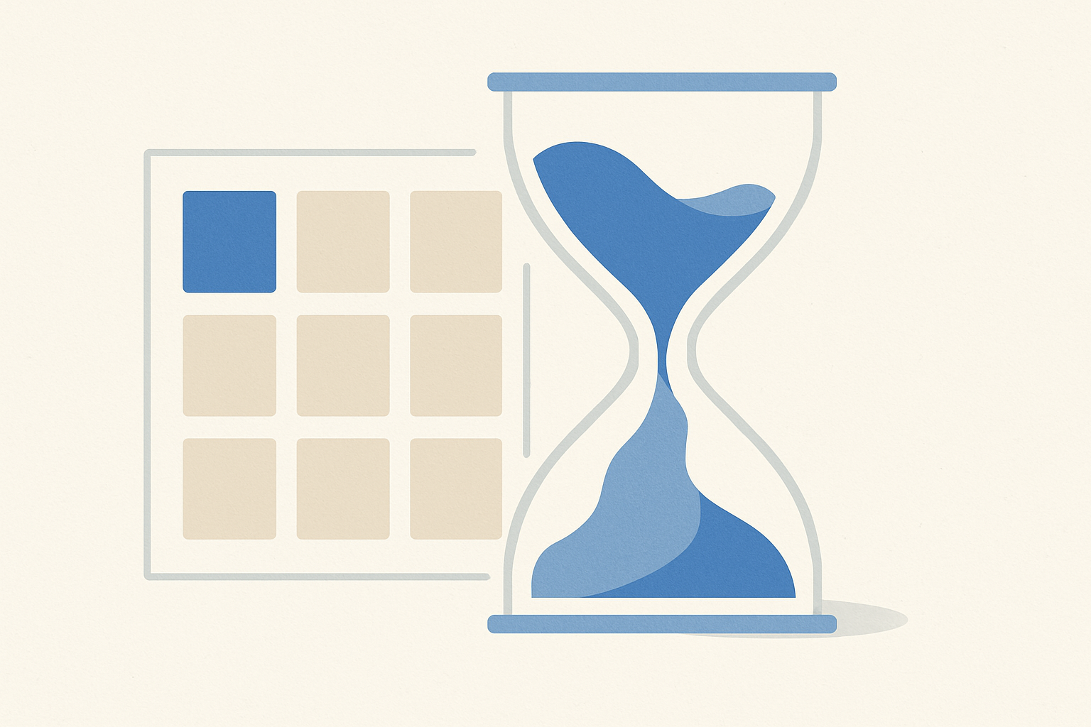 Abstract hourglass and a grid of squares, representing time-to-fill comparisons between job boards and recruiters