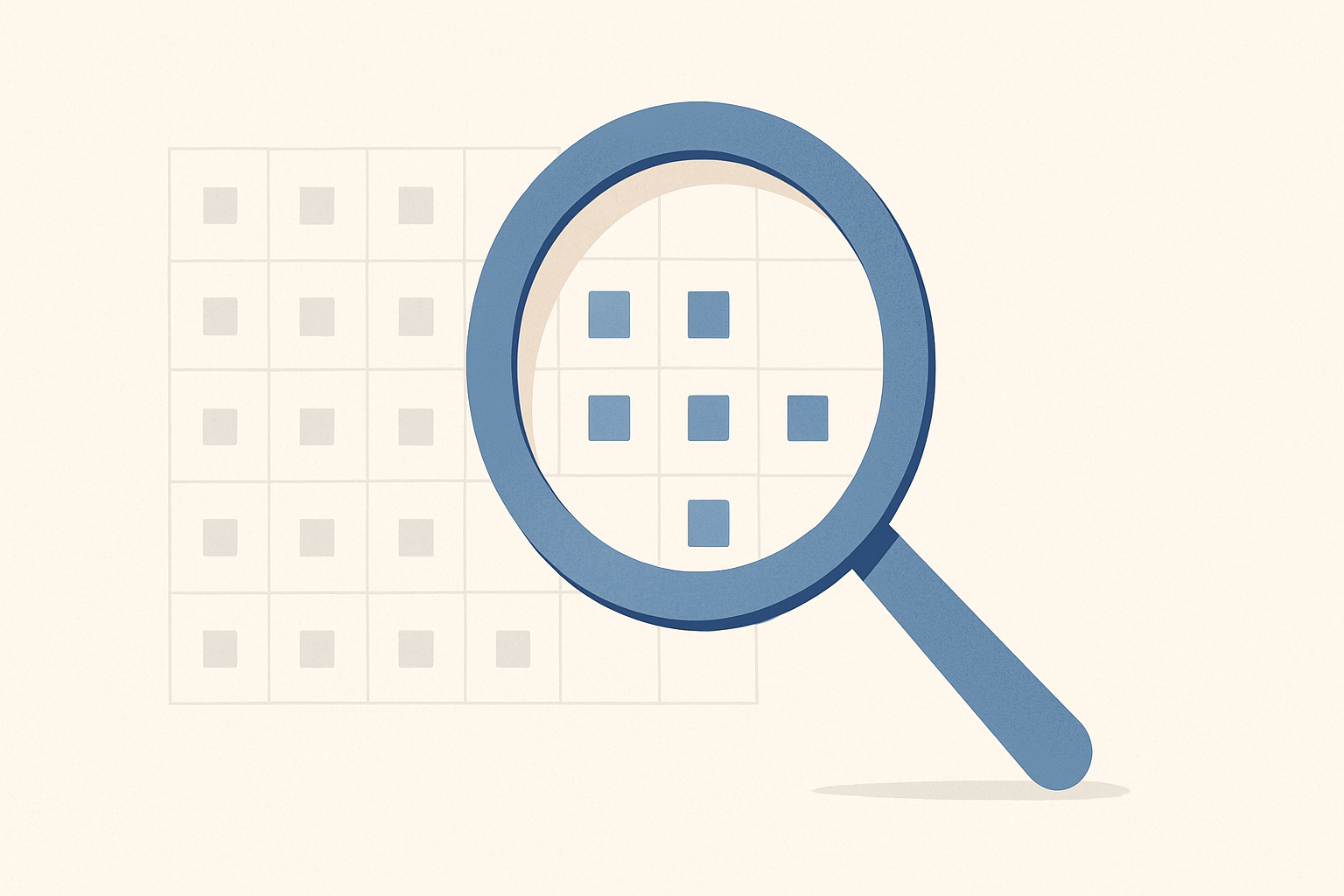 A magnifying glass over a grid of small squares representing job market analysis for 2026 white collar workers.