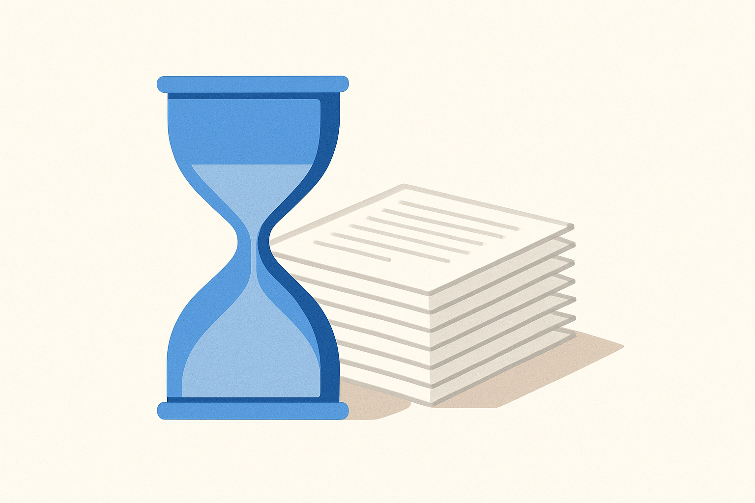 An abstract hourglass next to a stack of paper documents, symbolizing application speed comparison.