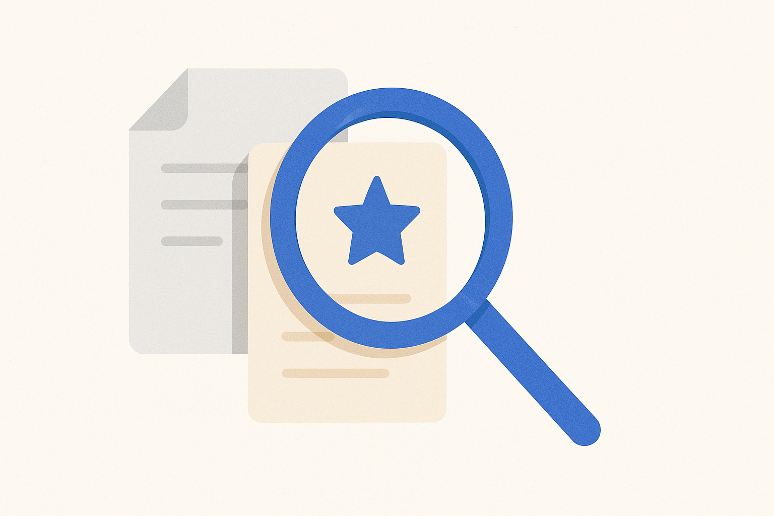 A stylized magnifying glass highlighting two overlapping documents, one with a star, symbolizing comparing job application features.