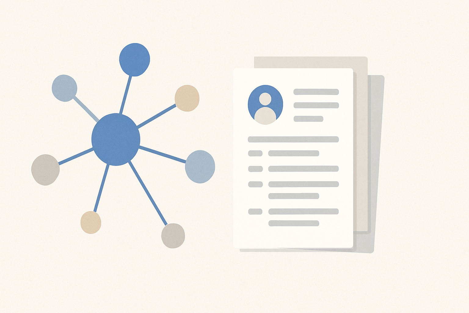 A network of dots and lines sits beside a stack of resumes, symbolizing networking and applying for jobs.