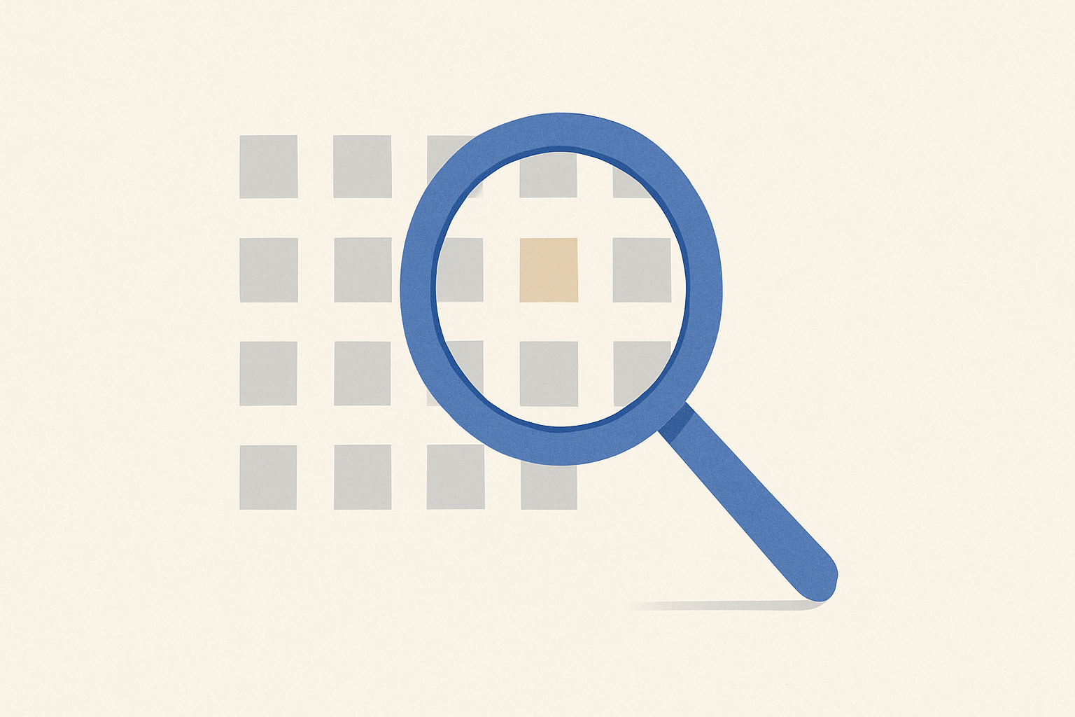 A magnifying glass hovers over a grid of squares, representing analysis of job application sources.