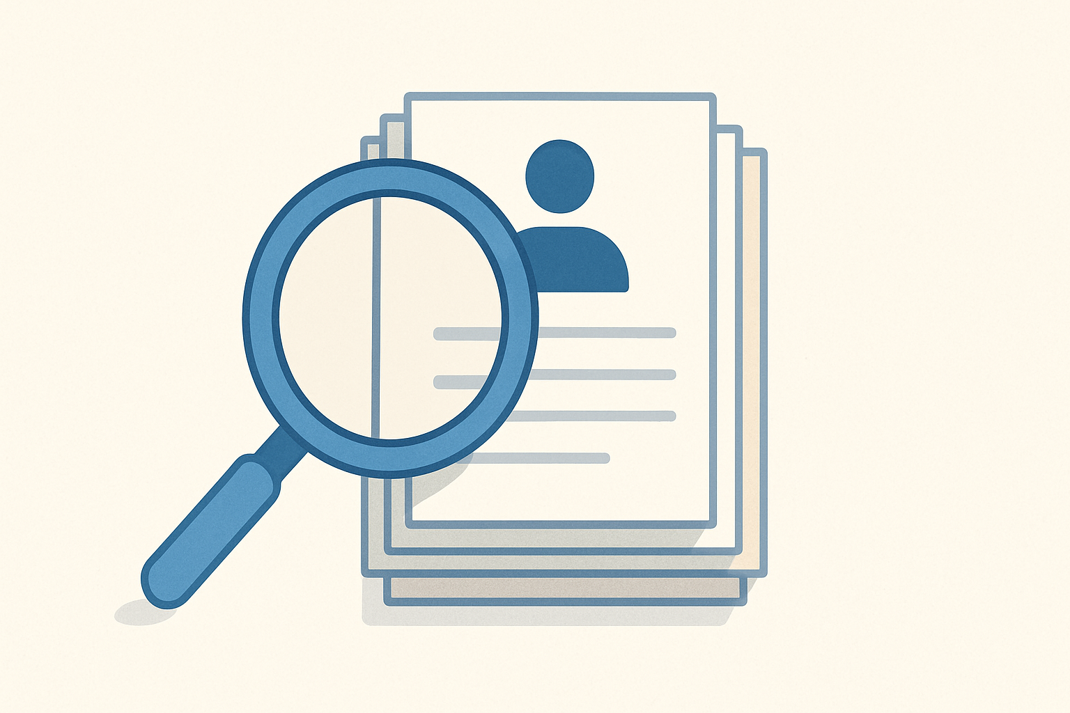 A magnifying glass hovers over a stack of resumes, symbolizing close review and comparison between resume quality and application volume.