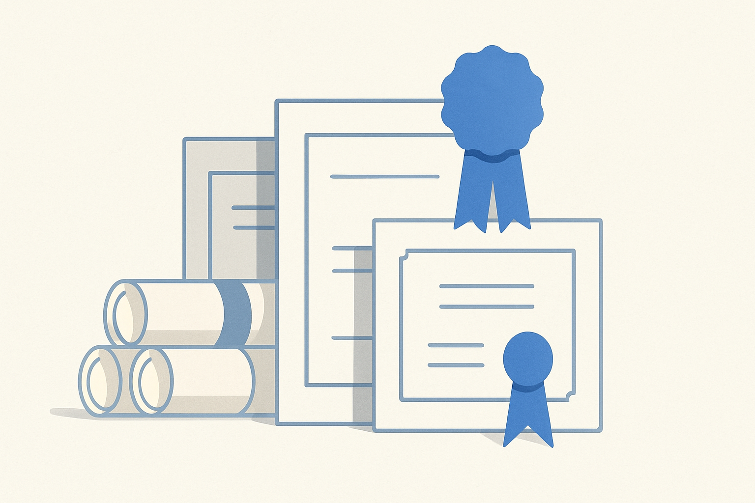 Digital badges and certificates stacked beside paper diplomas, symbolizing skills based hiring versus degree requirements