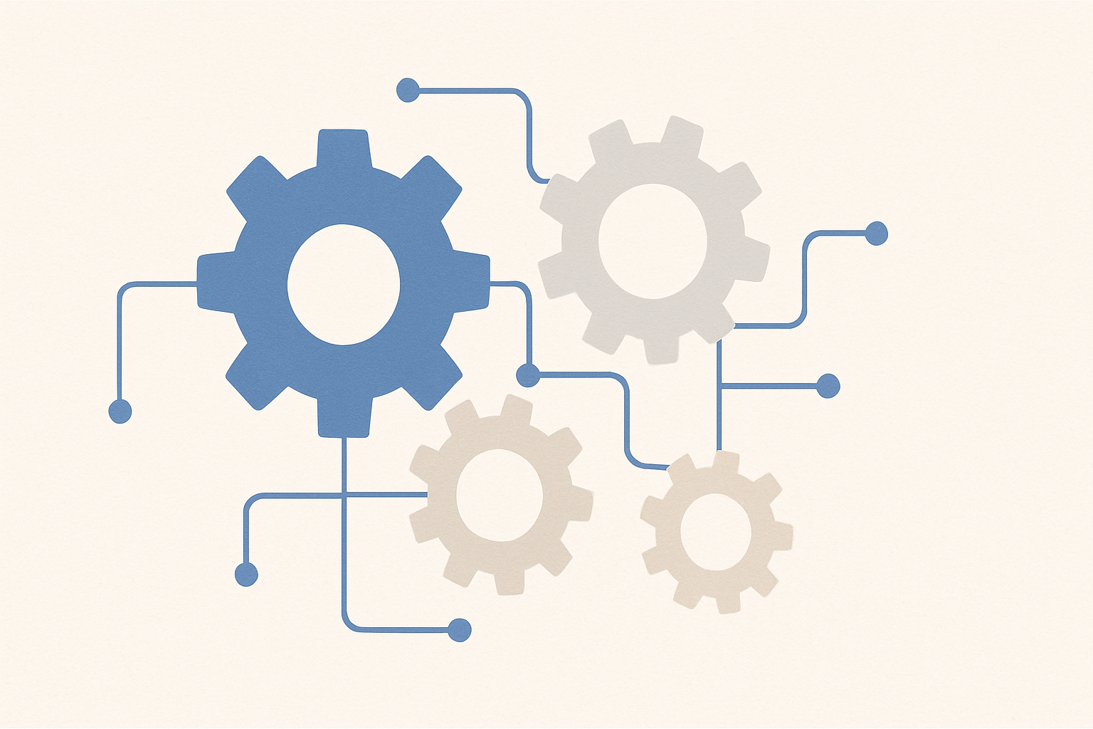 Abstract gears connected by digital lines, representing technology and teamwork
