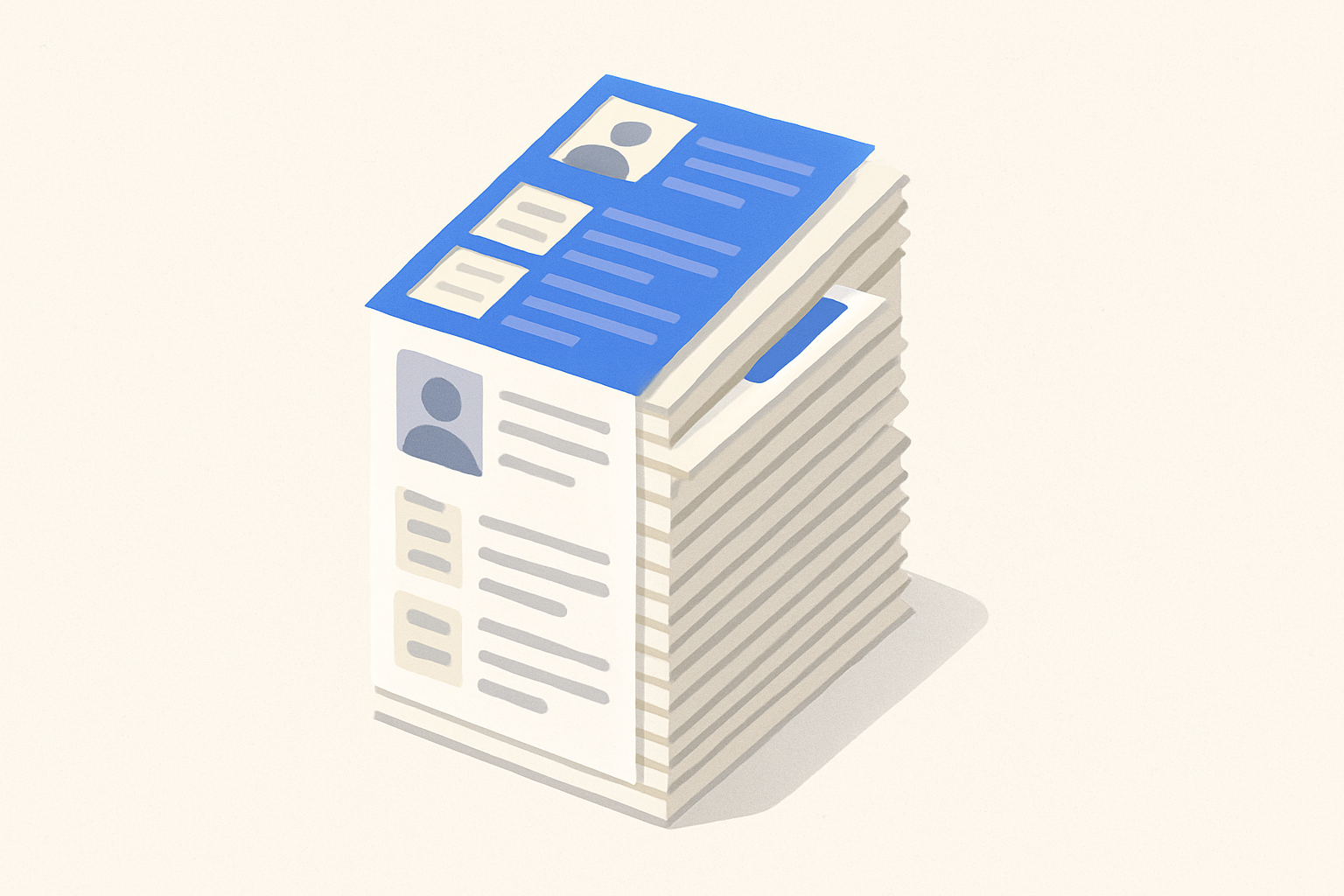 A stack of resumes with one highlighted sheet symbolizing a standout application among many.