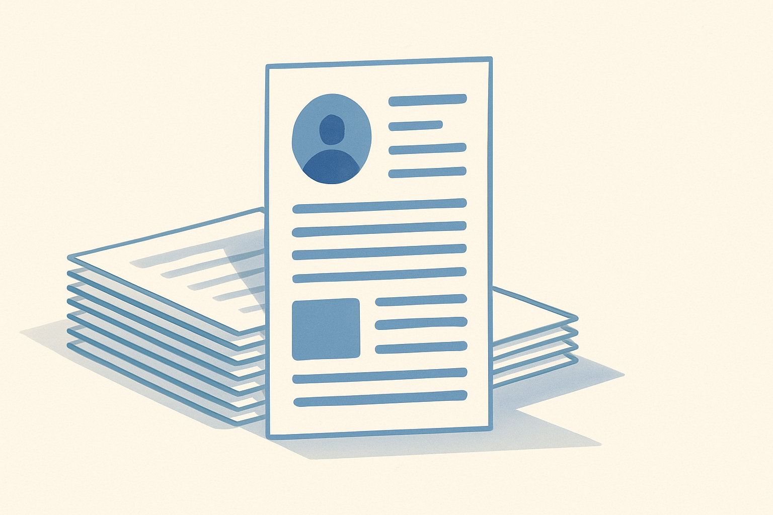 A tall stack of resumes with one resume standing upright in the center, symbolizing standing out in the job application process.