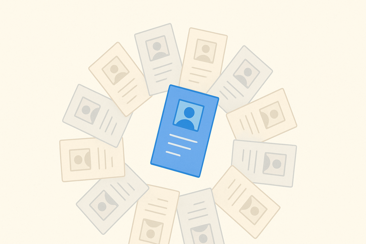 A stack of abstract job application forms arranged in a radial layout, symbolizing high-volume job submissions.