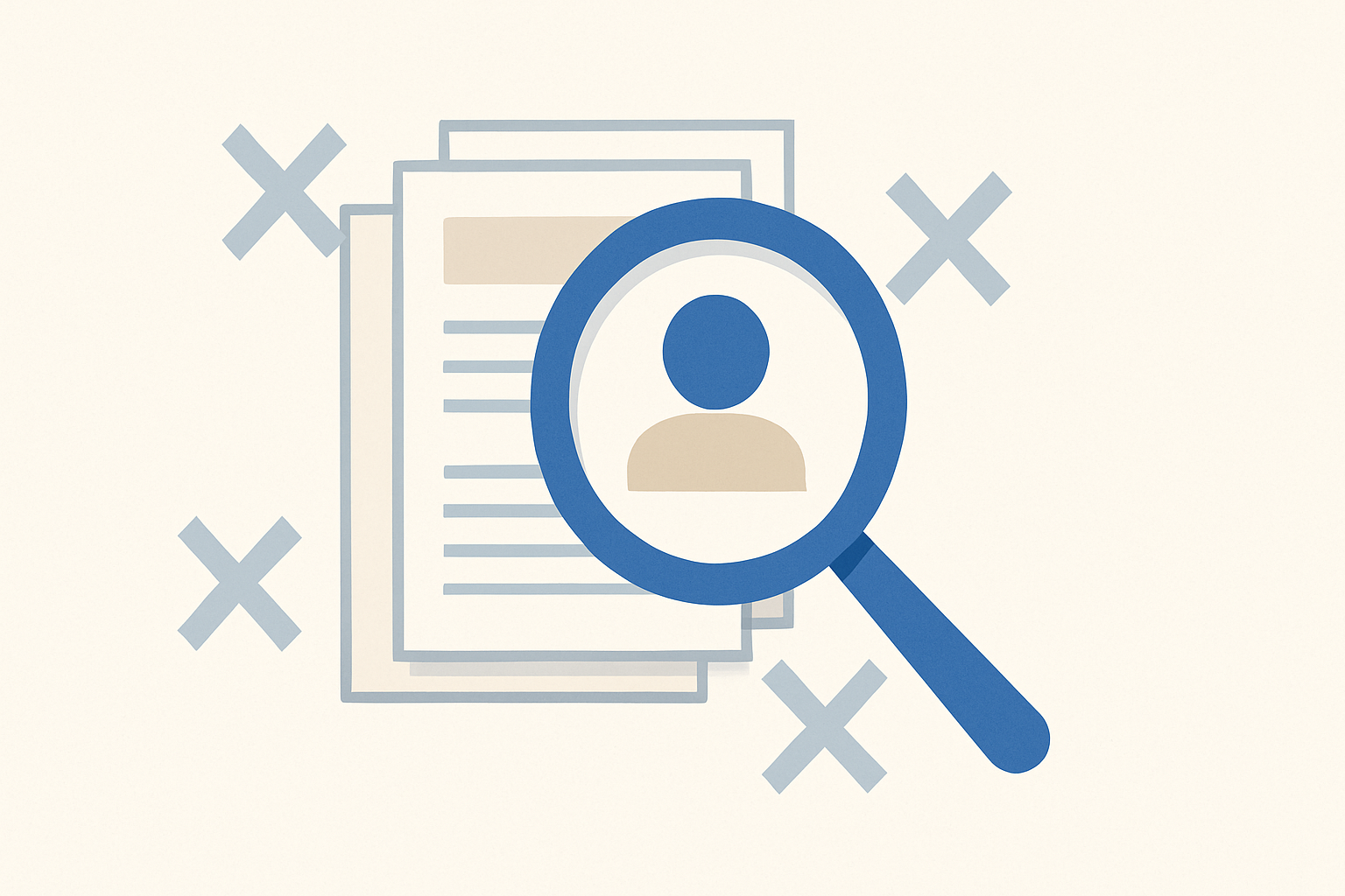 A magnifying glass analyzing a stack of resumes with some marked as rejected