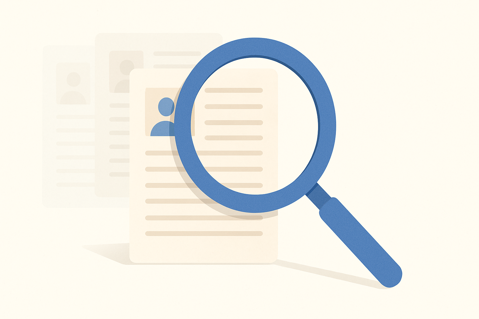 A magnifying glass focusing on a stack of resumes, symbolizing job application review