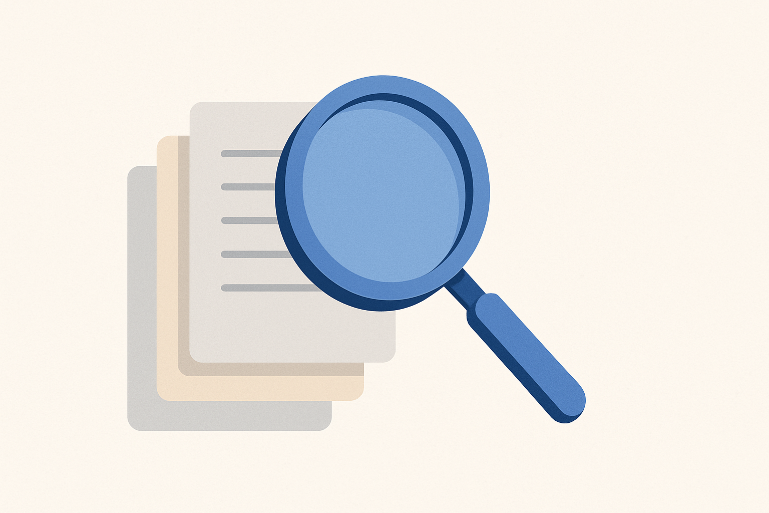 A magnifying glass highlighting stacked resume pages, symbolizing AI reviewing job applications